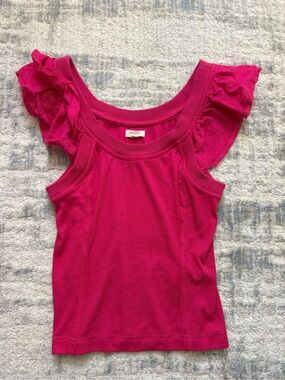 Anthropologie Hot Pink Ruffled Sleeve Ribbed Tank